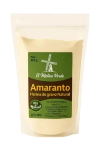 paquete de 250 gramos de harina de amaranto natural marca El Molino Verde en empaque transparente con etiqueta verde y marrón