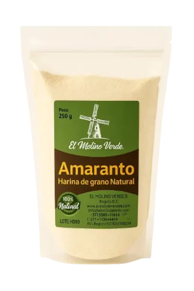 Paquete de 500 gramos de harina de amaranto natural marca en empaque transparente con etiqueta verde y marrón